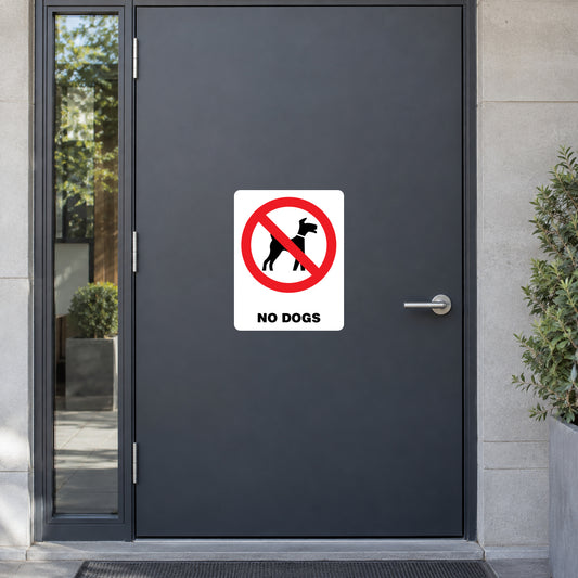 No Dogs sign sticker: red crossed-out dog symbol and "NO DOGS" on white square