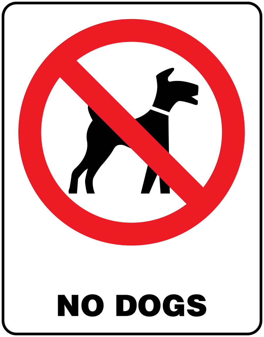 No Dogs sign sticker with red prohibition circle over dog silhouette, text 'NO DOGS'