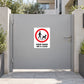 No dogs sign sticker: white rectangle with red prohibition circle, dog-on-lead icon and text.