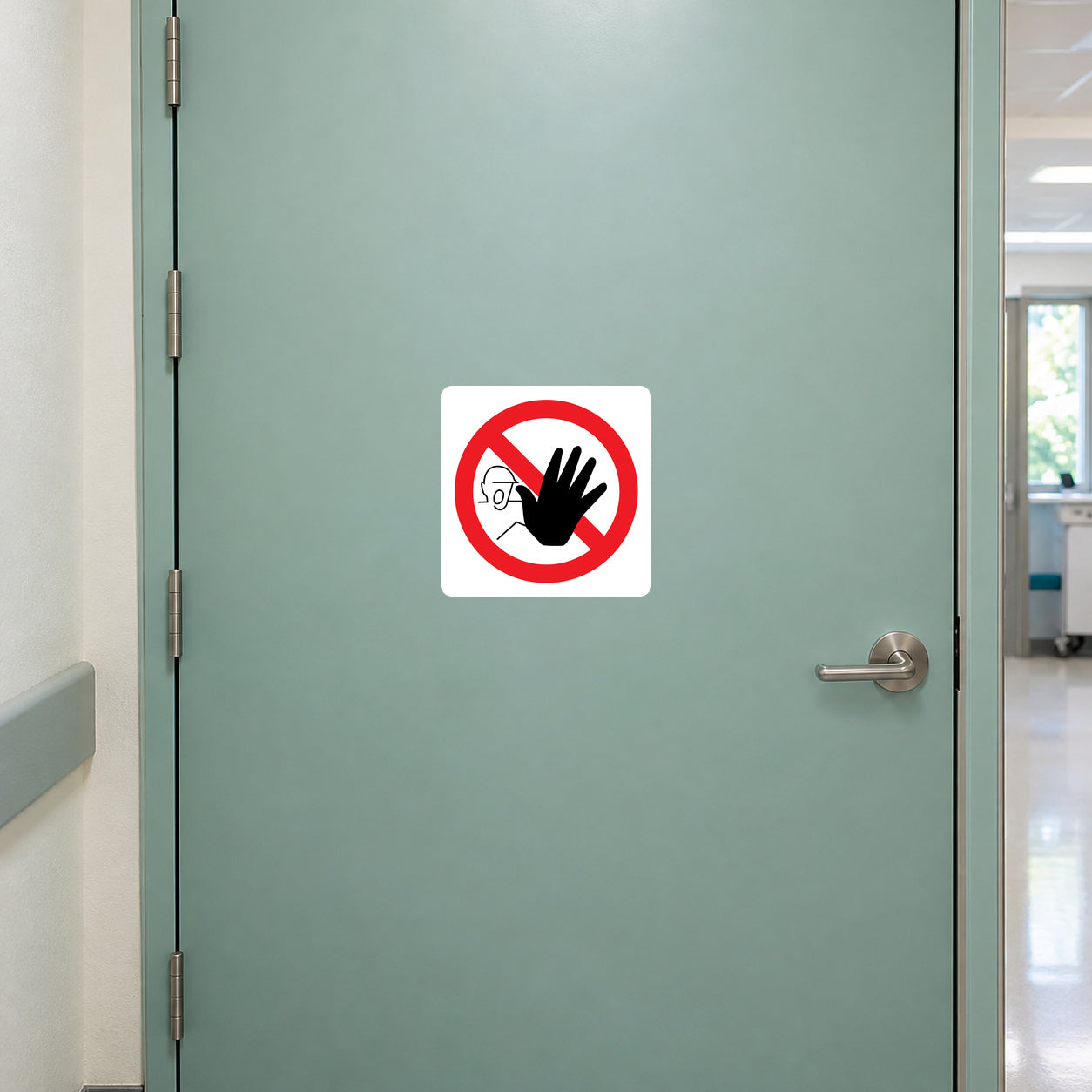 No Dogs sign sticker with white square and red circle slash symbol