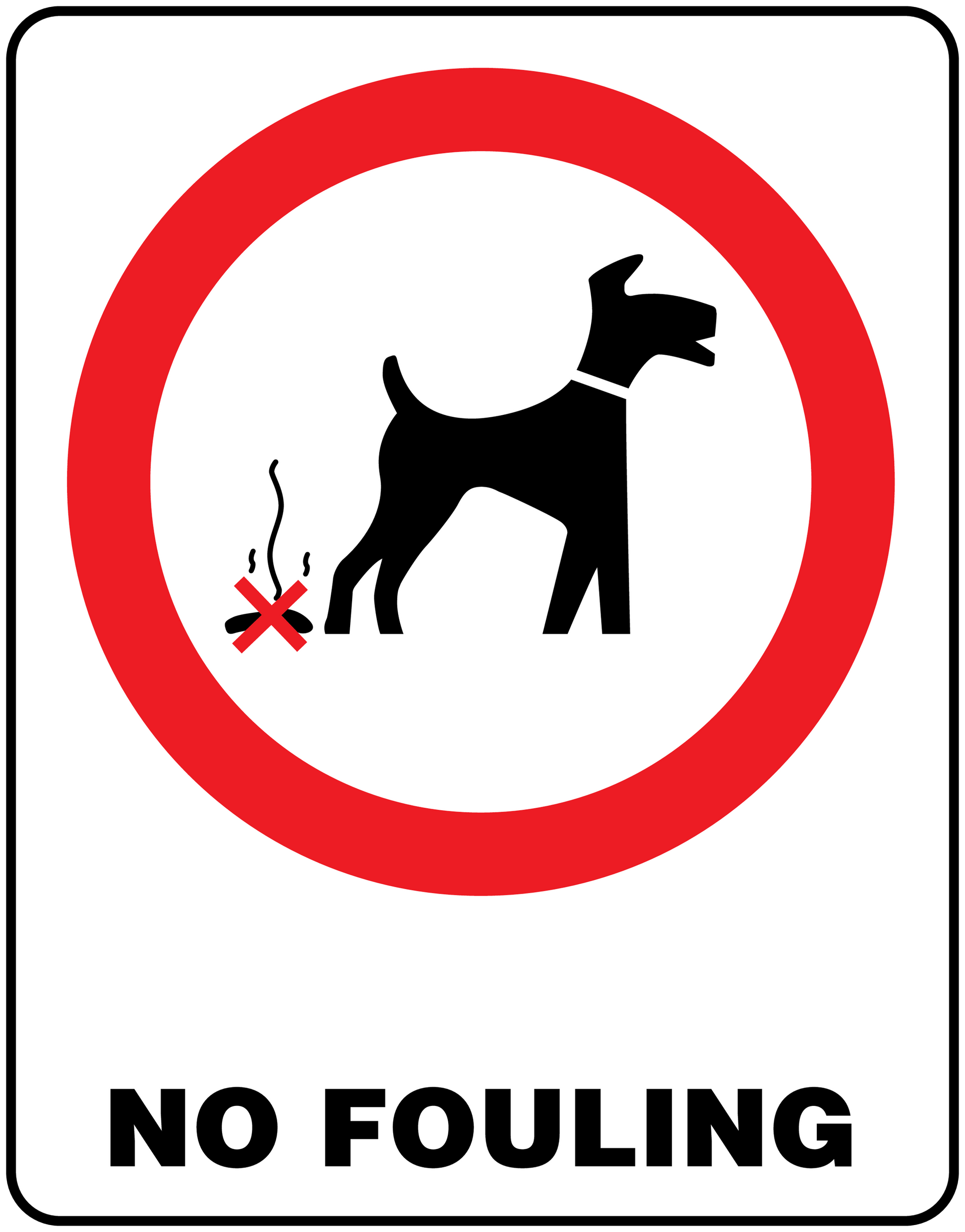 No dogs sign sticker with red slash, dog icon, and text 'NO FOULING'