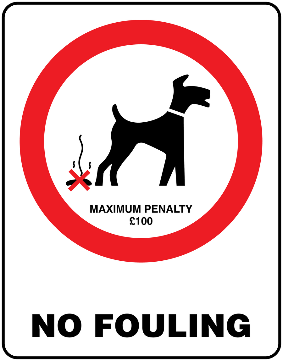 No Dogs sign sticker: red no-dog circle, dog crossed out, 'NO FOULING' and '£100'