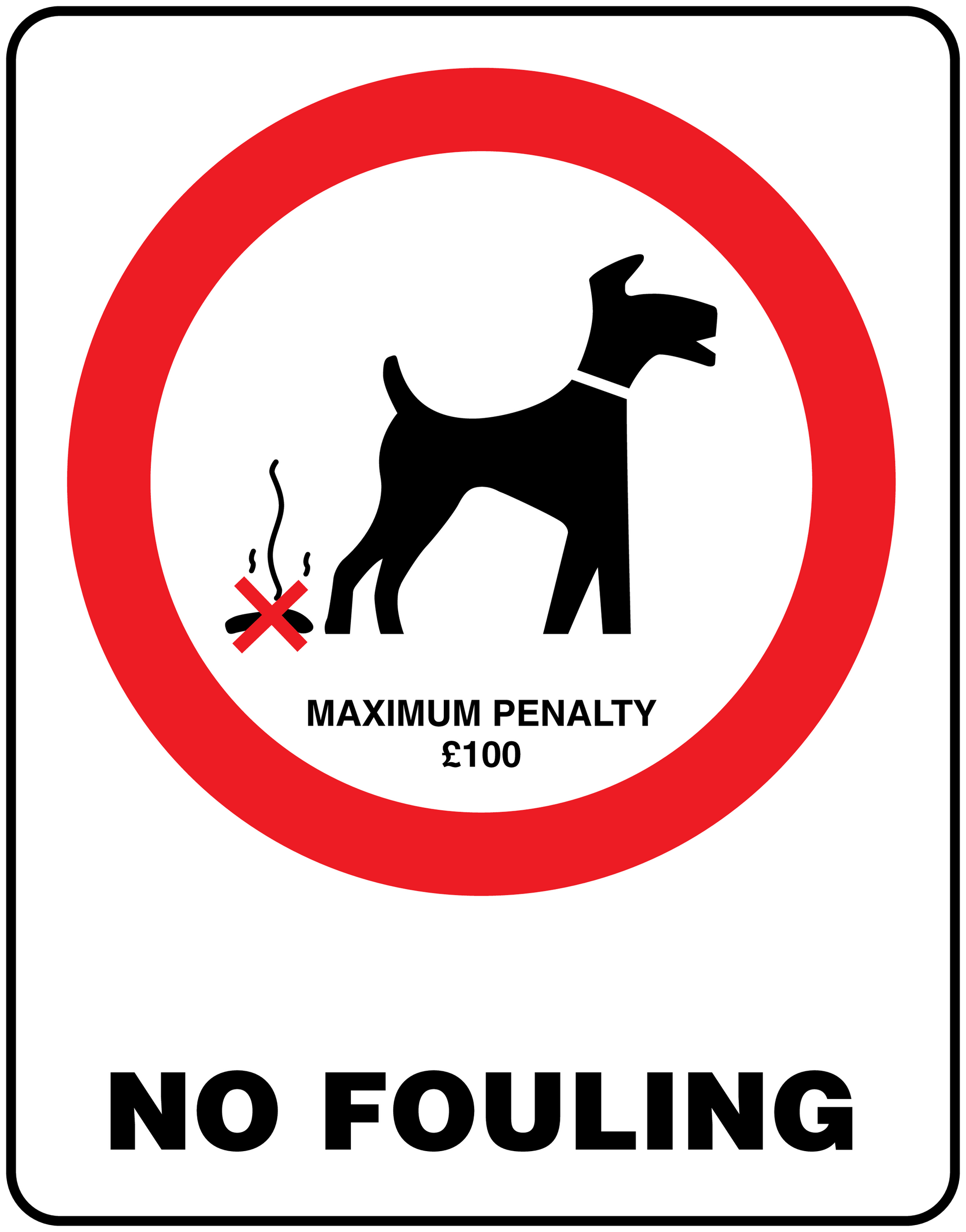No Dogs sign sticker: red no-dog circle, dog crossed out, 'NO FOULING' and '£100'