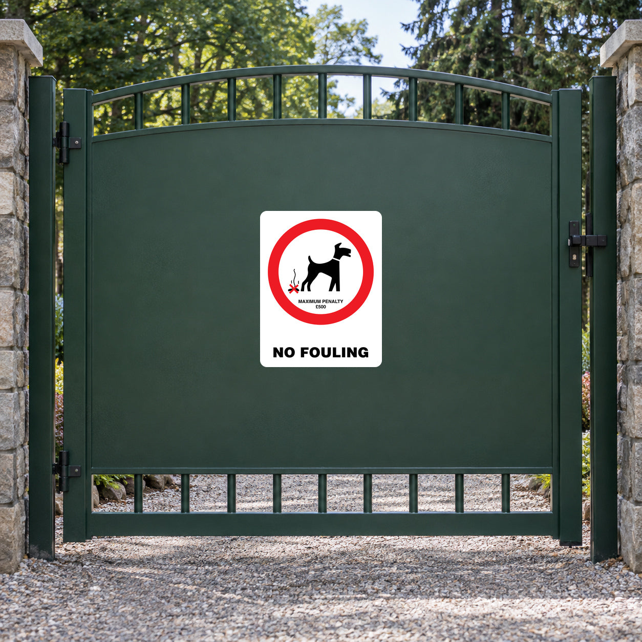 Square dog warning sticker: red no symbol and 'NO FOULING' text