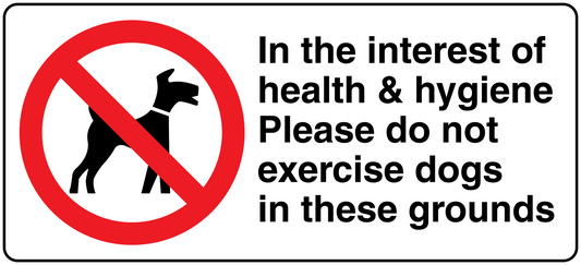 No Dogs sign sticker: red slash dog icon, text says do not exercise dogs here