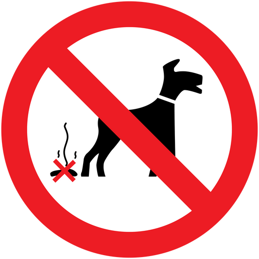 No dogs sign sticker with red prohibition circle over a dog and bone icon