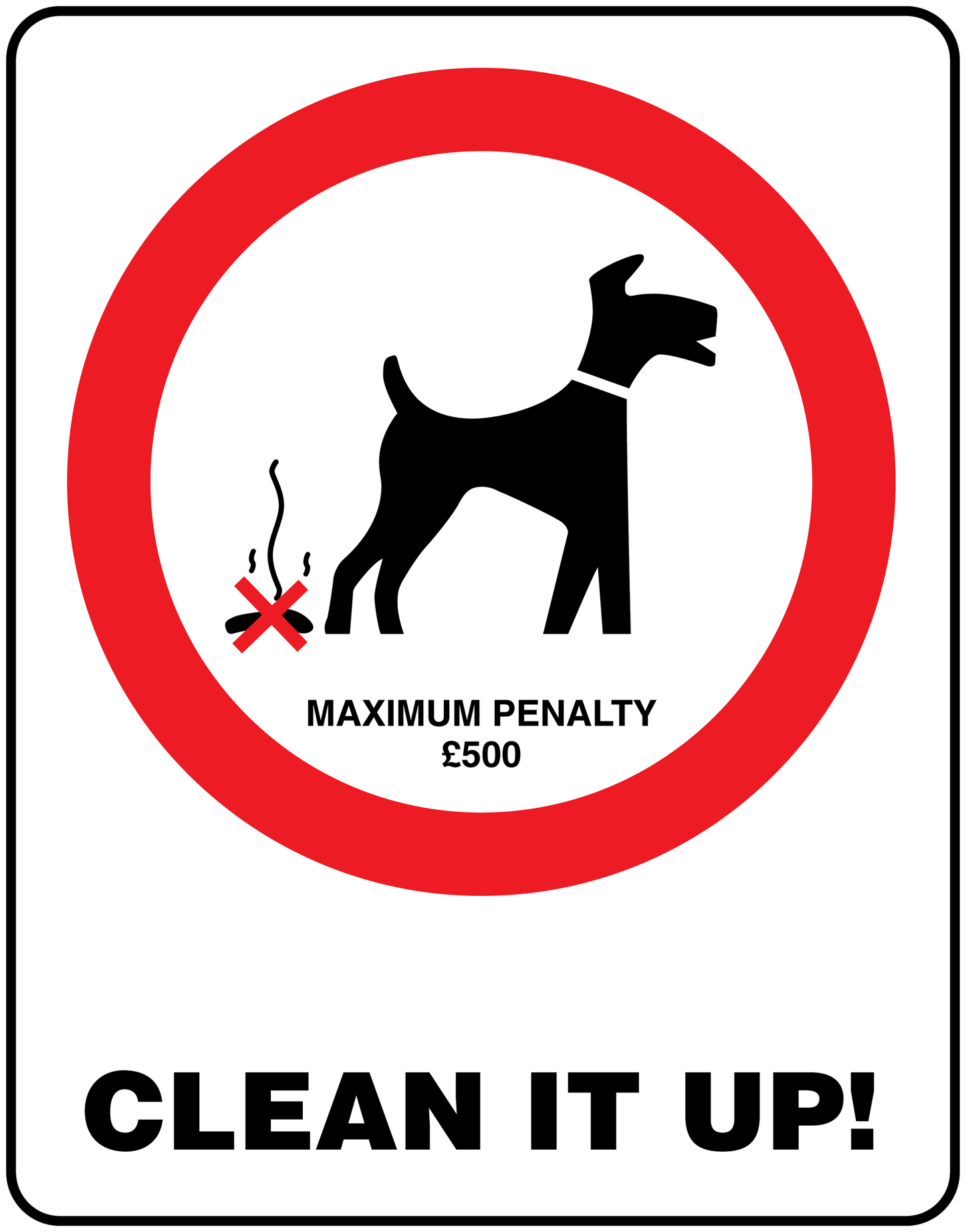 No Dogs sign sticker with red prohibition circle, dog icon, and 'CLEAN IT UP!'