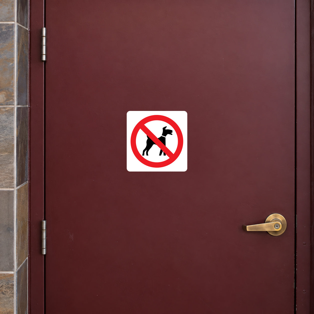 NO Dogs Sign Sticker applied in a solid burgundy restaurant service entrance door, brass lever far right, tiled jamb at far left