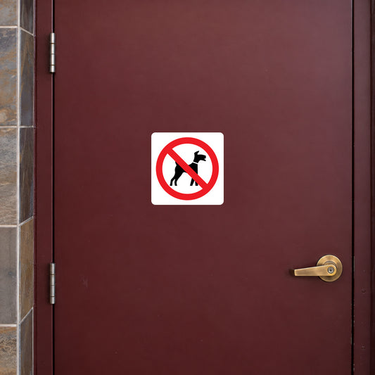 Square sticker sign with red circle and slash over a black dog icon