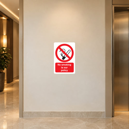 No smoking sign sticker with circle-slash cigarette icon and text 'No smoking is our policy'