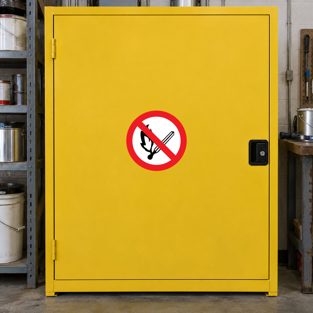 NO Smoking Sign Sticker applied in single solid yellow chemical cabinet door in a paint storage workshop