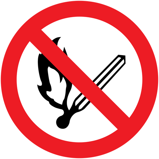 No smoking sign sticker: red circle with slash over flame and cigarette icon