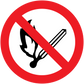 No smoking sign sticker: red circle with slash over flame and cigarette icon