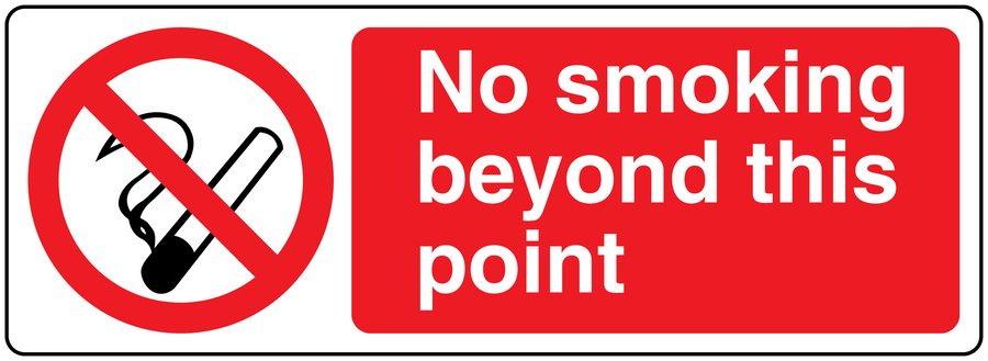 No smoking sign sticker, red panel with white text and crossed cigarette symbol