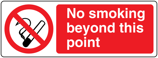 No smoking sign sticker, red panel with white text and crossed cigarette symbol