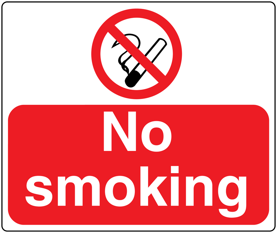 No smoking sign sticker, red with white text and cigarette icon crossed out