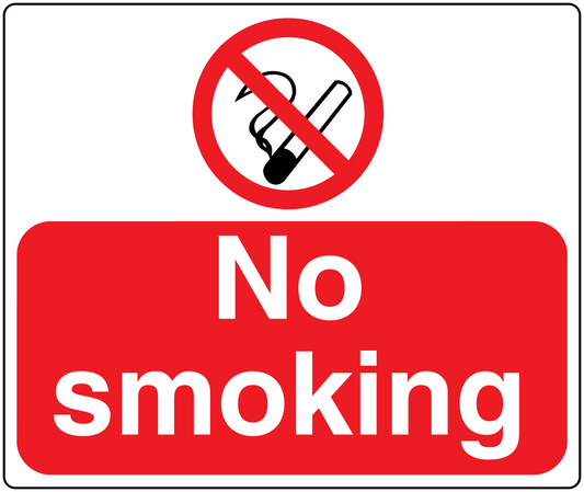 No smoking sign sticker, red with white text and cigarette icon crossed out