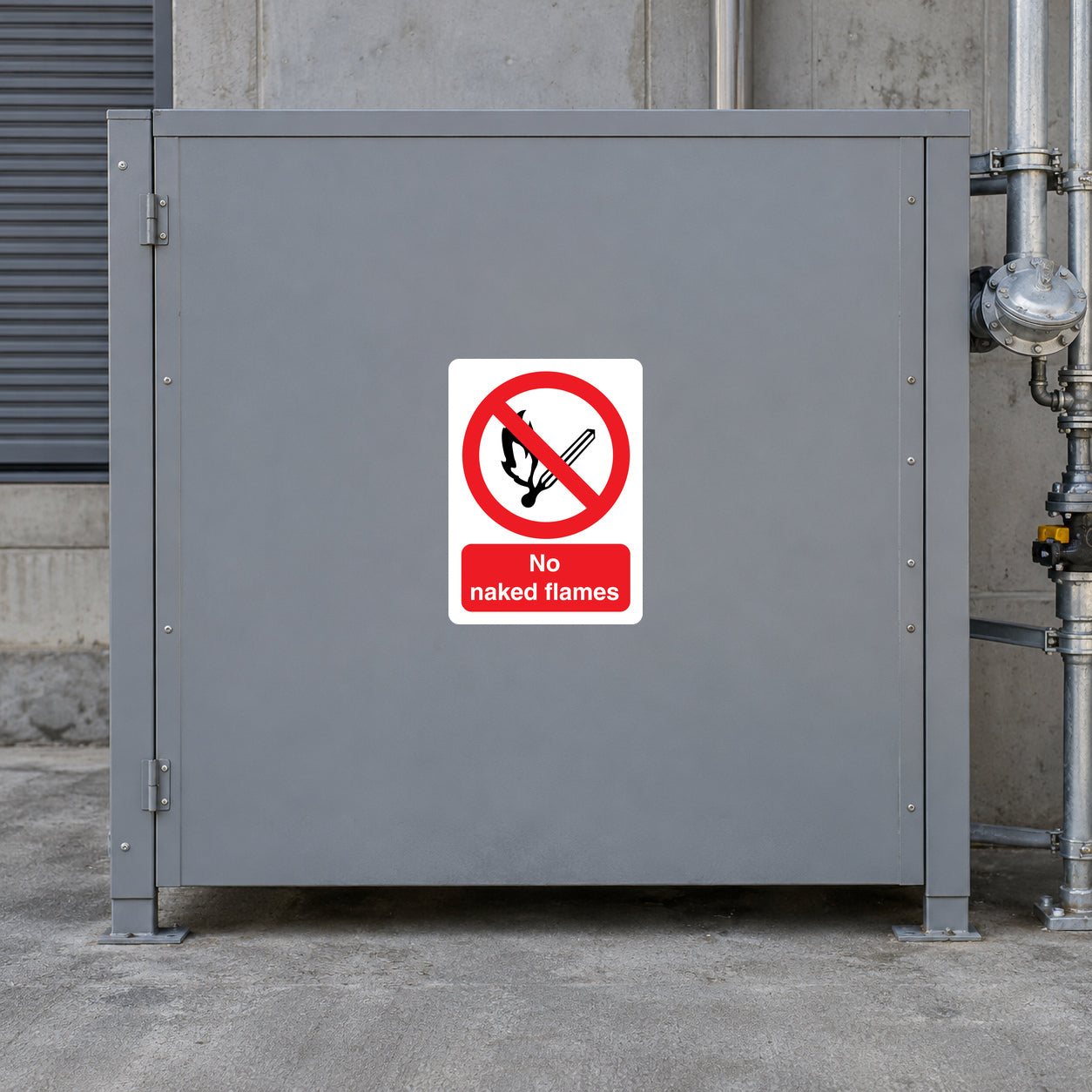 NO Smoking Sign Sticker applied in flat grey gas storage cage solid front panel, pipework far right