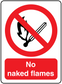 No naked flames sign sticker with red prohibition circle over a flame