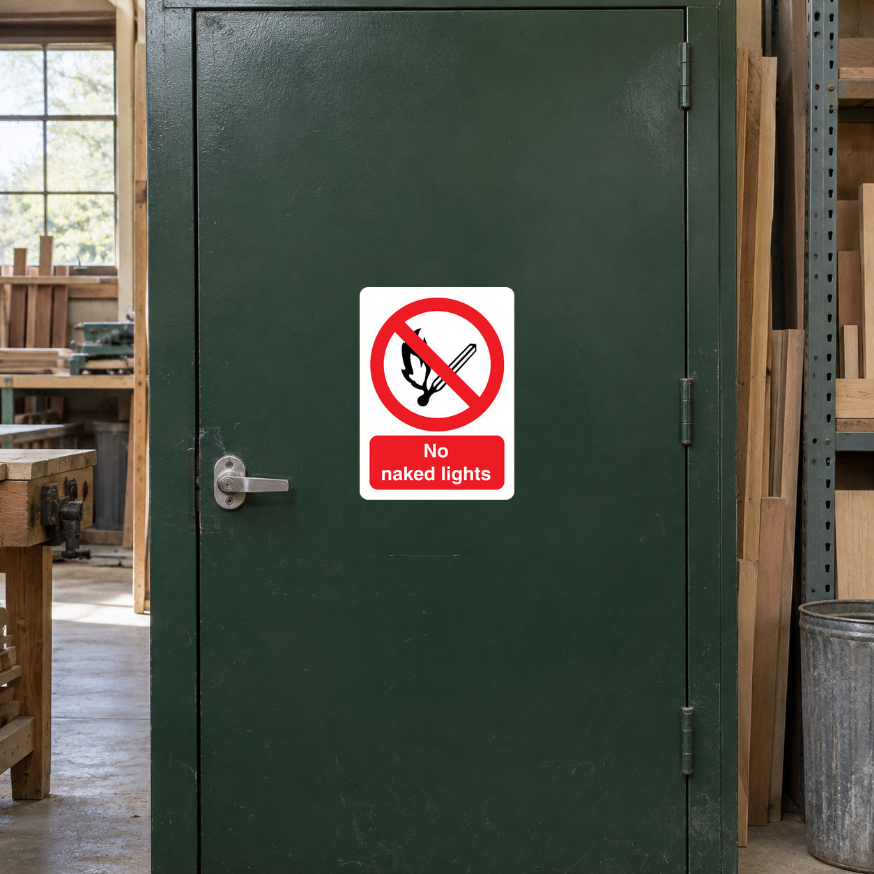 No naked lights sign sticker with red circle and slash over a flame icon