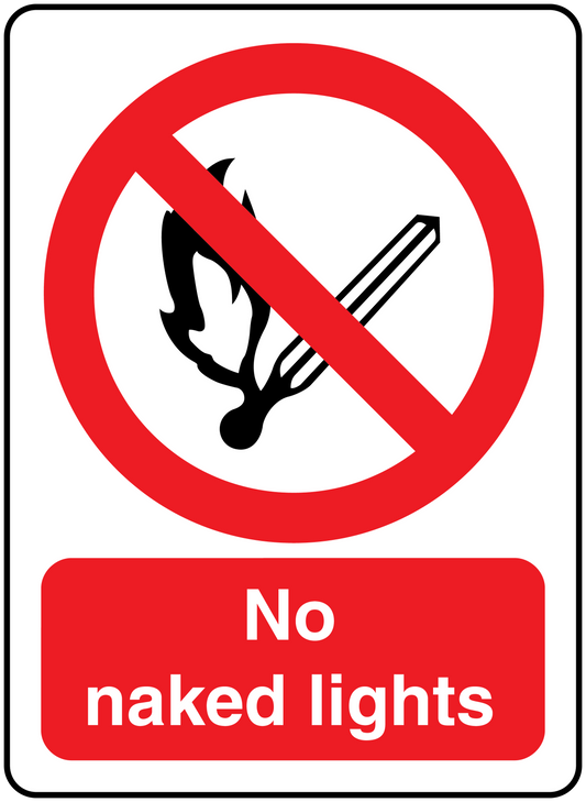 No smoking sign sticker with flame icon in red circle and text 'No naked lights'