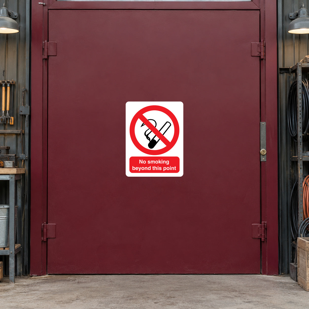 No smoking sign sticker, white square with red slash and cigarette icon