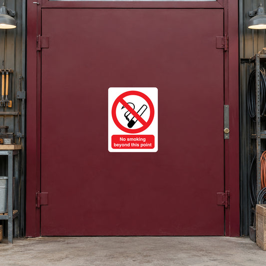No smoking sign sticker, white square with red slash and cigarette icon