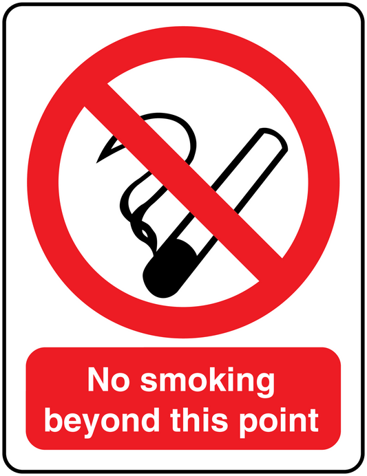 No smoking sticker with red circle slash over cigarette and red text panel