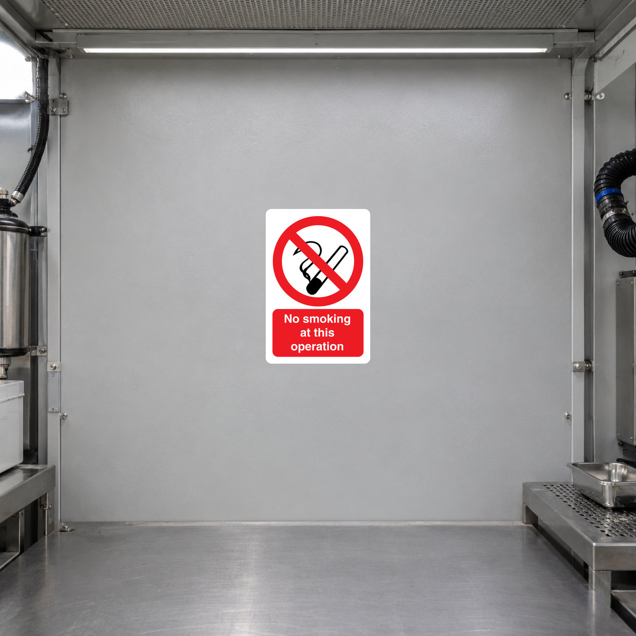 NO Smoking Sign Sticker applied in pale grey solvent workstation rear panel, machine edges far sides
