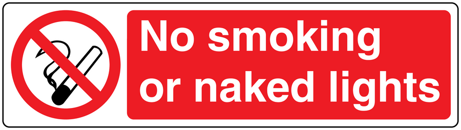 No Smoking sign sticker with crossed cigarette icon and text 'No smoking or naked lights'