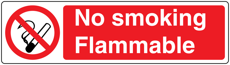 No Smoking sign sticker, red with crossed cigarette icon and No smoking Flammable text