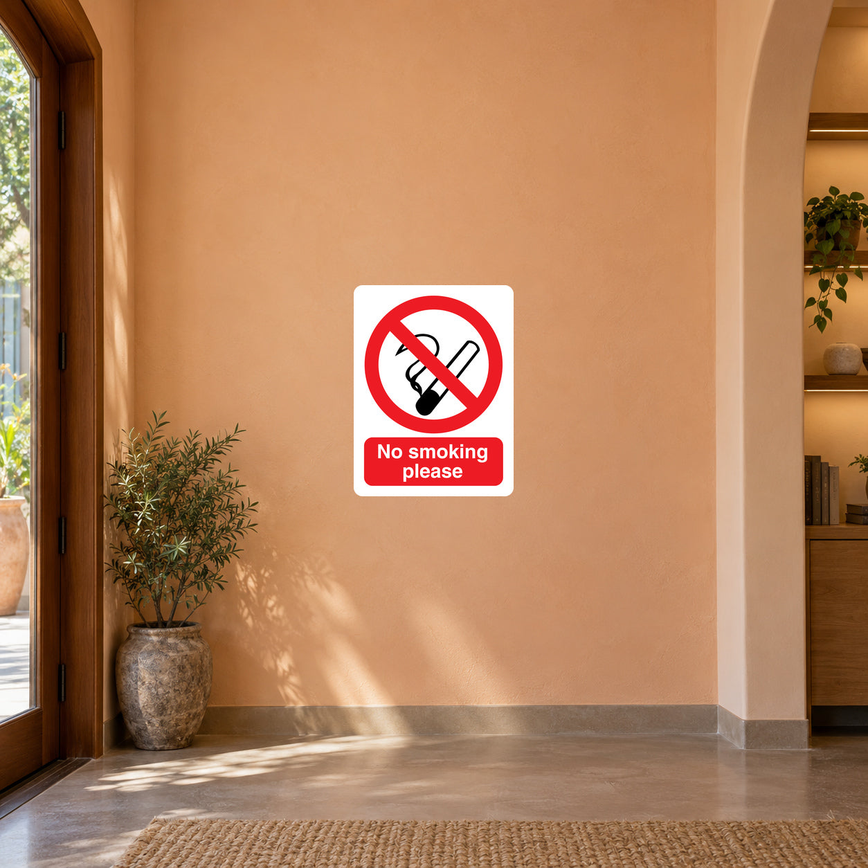 No smoking sign sticker with red circle slash over a cigarette and “No smoking please”