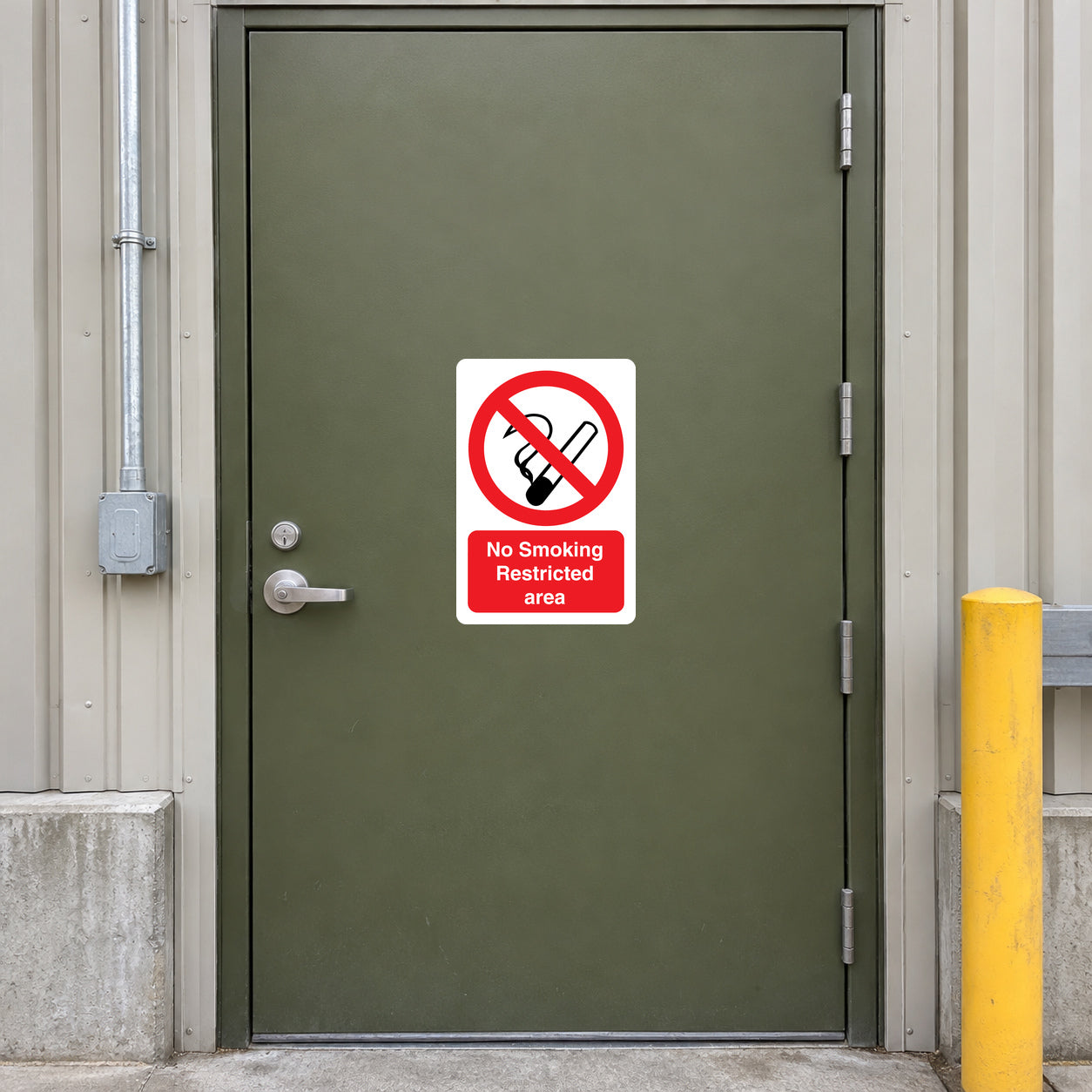 No smoking sign sticker: red circle-slash cigarette icon, 'No Smoking Restricted area'