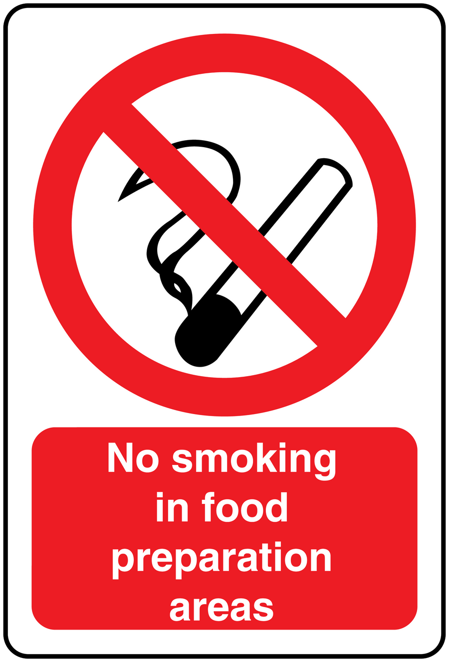 No smoking sign sticker: red circle with crossed cigarette icon and “No smoking in food preparation areas”