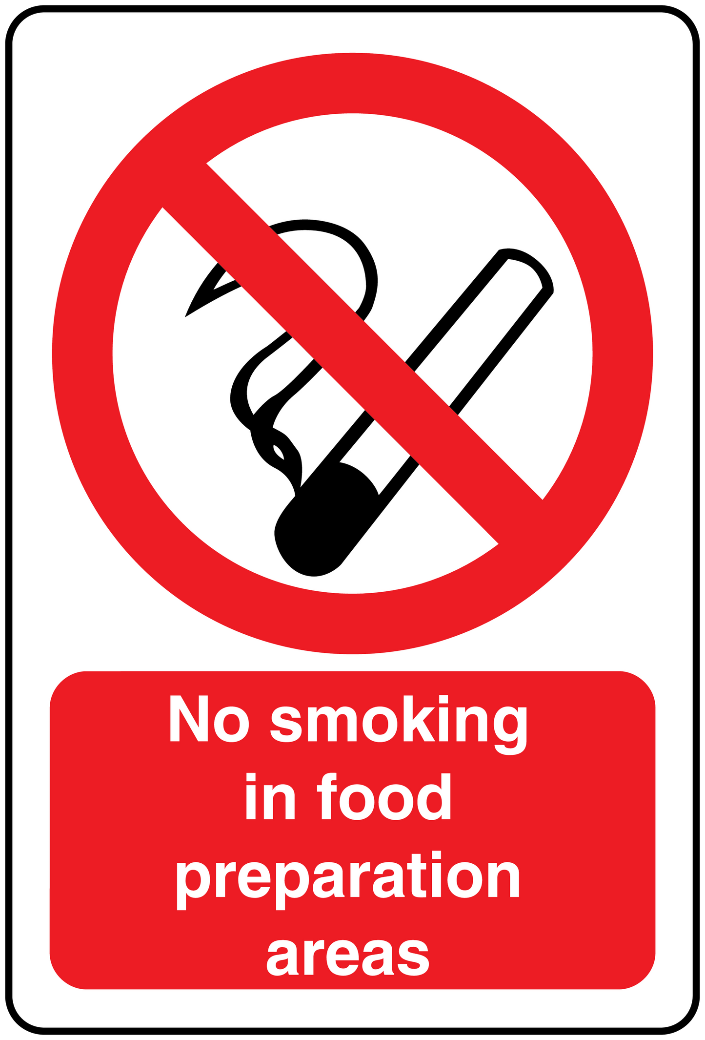 No smoking sign sticker: red circle with crossed cigarette icon and “No smoking in food preparation areas”