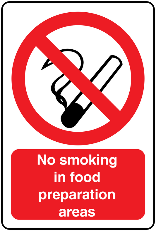 No smoking sign sticker: red circle with crossed cigarette icon and “No smoking in food preparation areas”