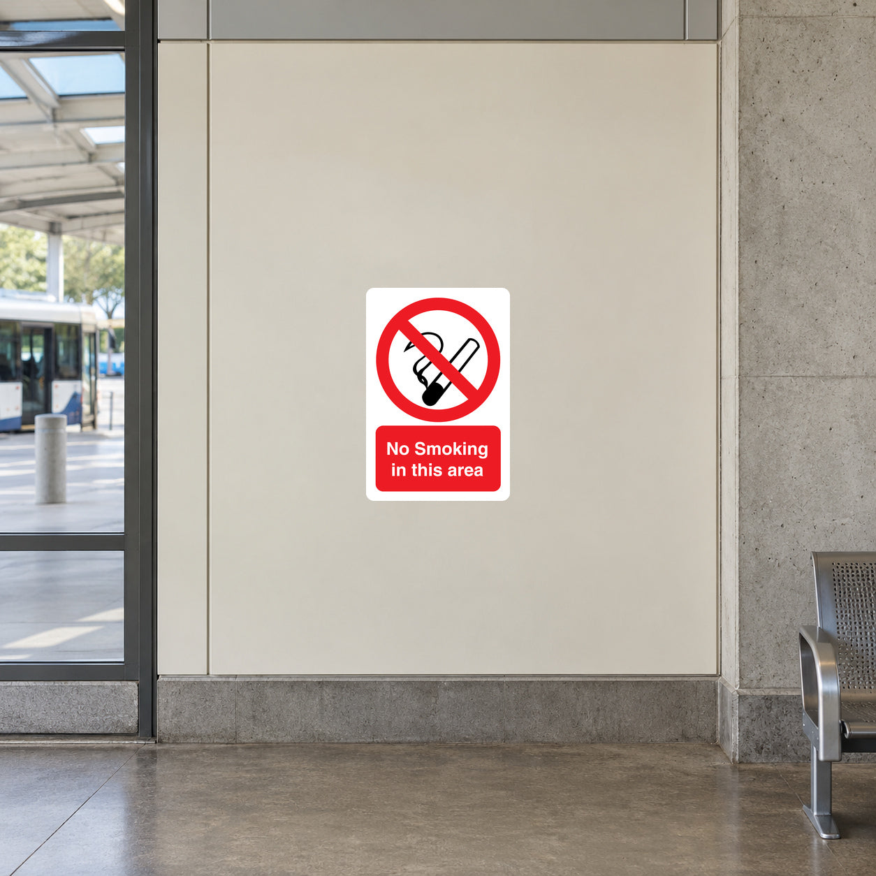 No smoking sign sticker, white square with red ban symbol and 'No Smoking in this area'.