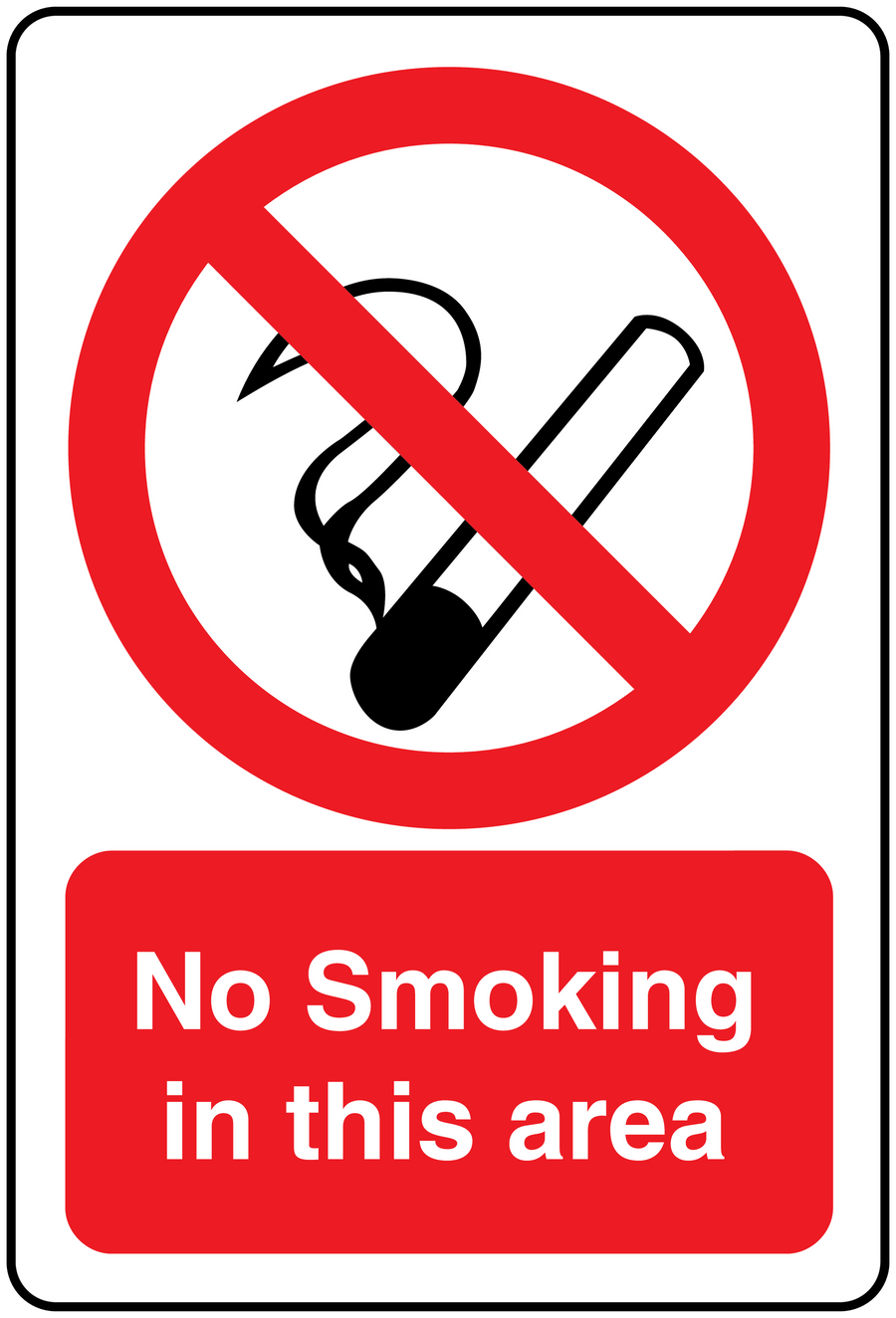 No smoking sign sticker: red circle with cigarette slash, and red text 'No Smoking in this area'