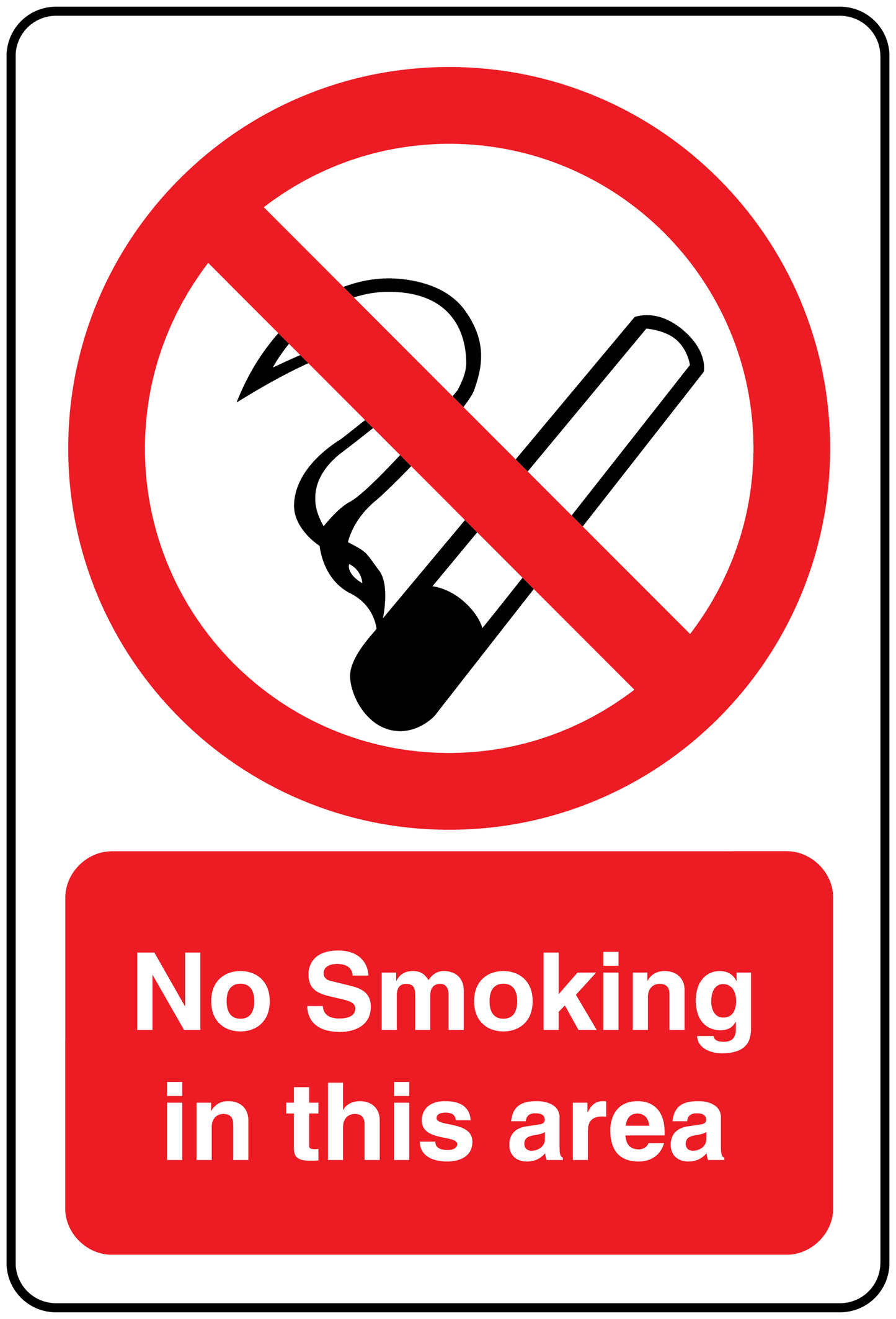No smoking sign sticker: red circle with cigarette slash, and red text 'No Smoking in this area'