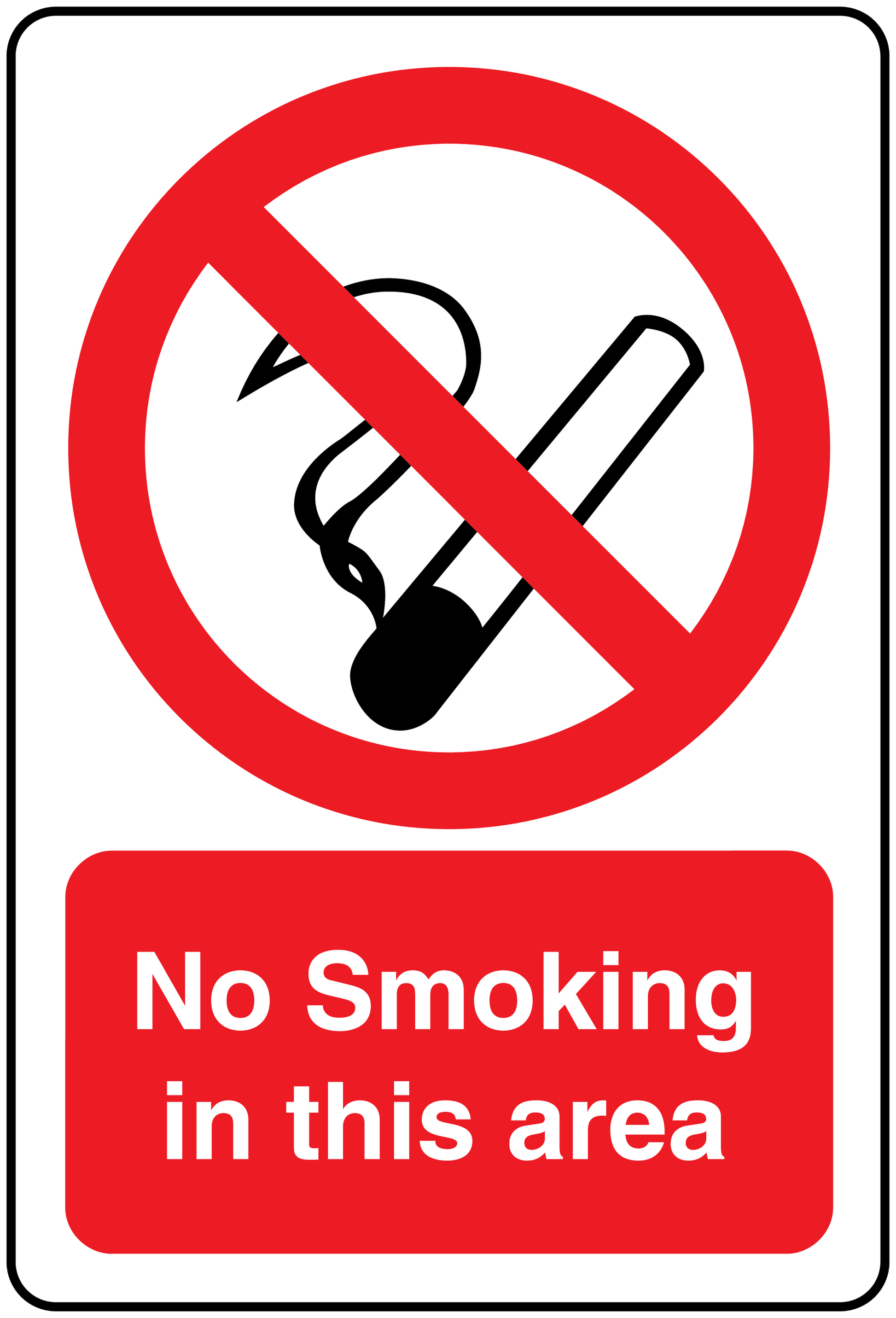 No smoking sign sticker: red circle with cigarette slash, and red text 'No Smoking in this area'
