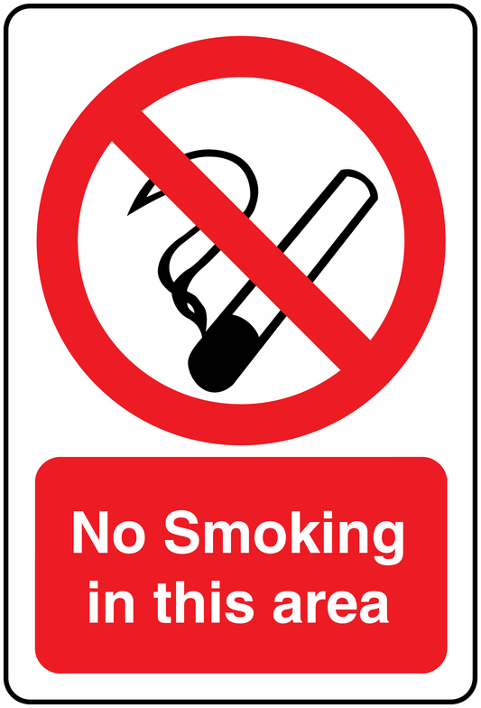 No smoking sign sticker: red circle with cigarette slash, and red text 'No Smoking in this area'