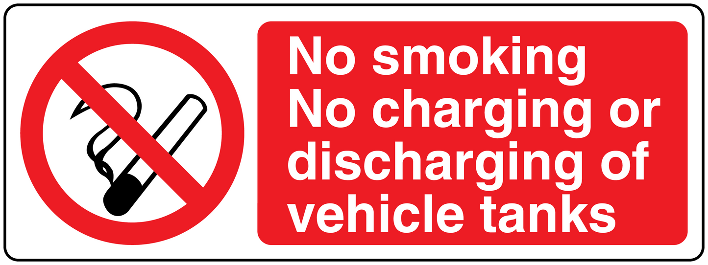 No smoking sign sticker with ban icon and warning text about vehicle tank charging/discharging.
