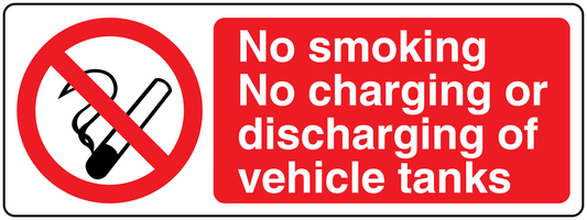 No smoking sign sticker with ban icon and warning text about vehicle tank charging/discharging.