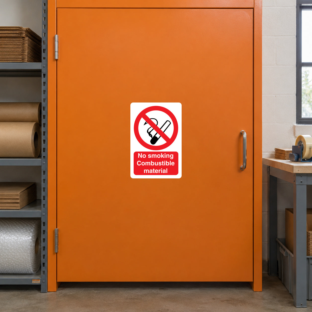 No smoking sign sticker with red prohibition symbol and Combustible material text