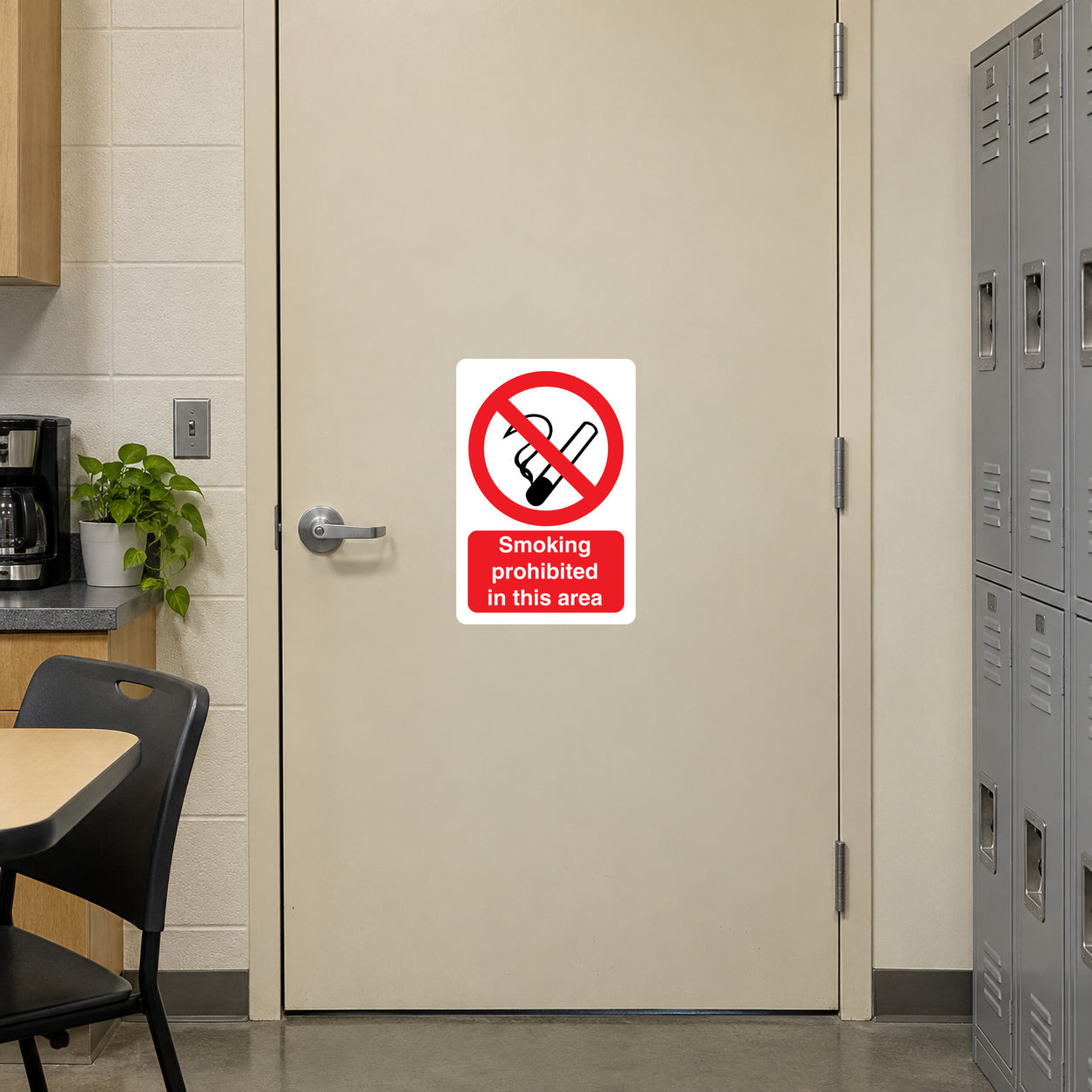 No Smoking sign sticker with red circle and slash over cigarette, text: “Smoking prohibited in this area”
