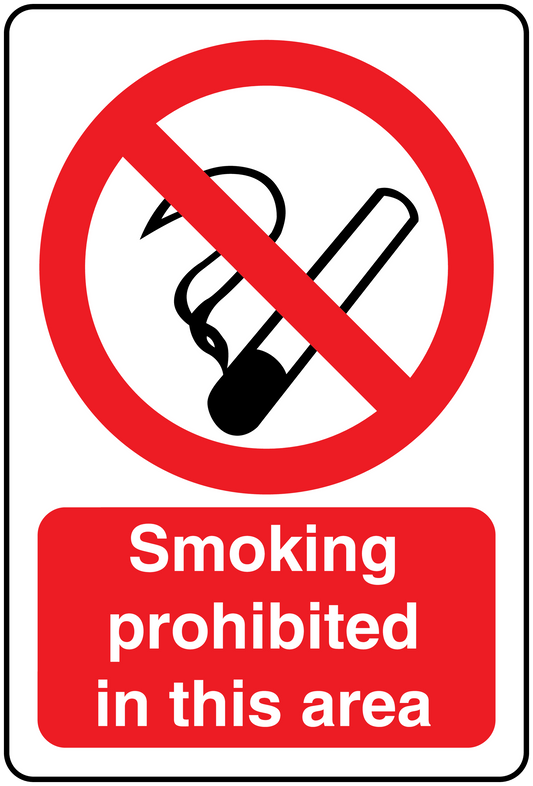 No smoking sign sticker: red slash over cigarette, text 'Smoking prohibited in this area'