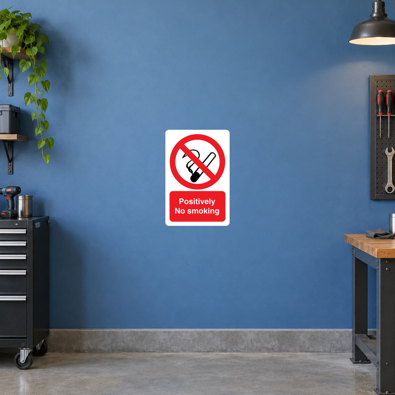 No smoking sign sticker: white square with red circle slash, cigarette symbol, "No smoking"