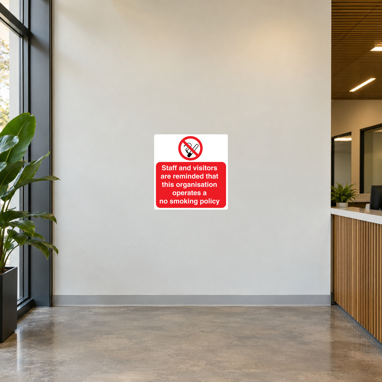No smoking sign sticker: white square, red no-smoking icon and 'no smoking policy' text