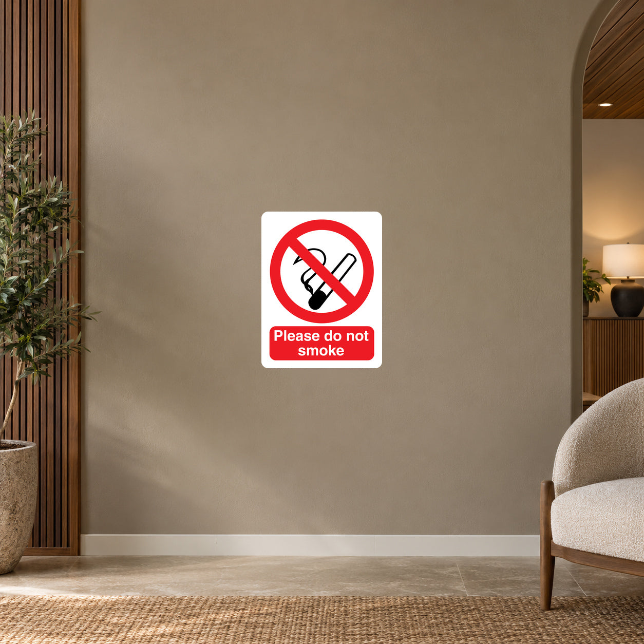 No smoking sign sticker: red slash cigarette icon, 'Please do not smoke'.