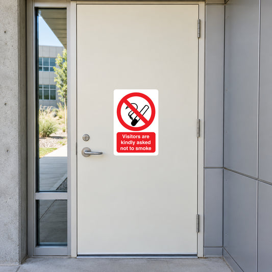 NO Smoking Sign Sticker applied in ivory visitor entrance door at a research facility
